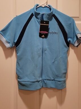Vintage Adidas Sky Blue Short Sleeve Zip-Up Jacket with Dark Blue Accents